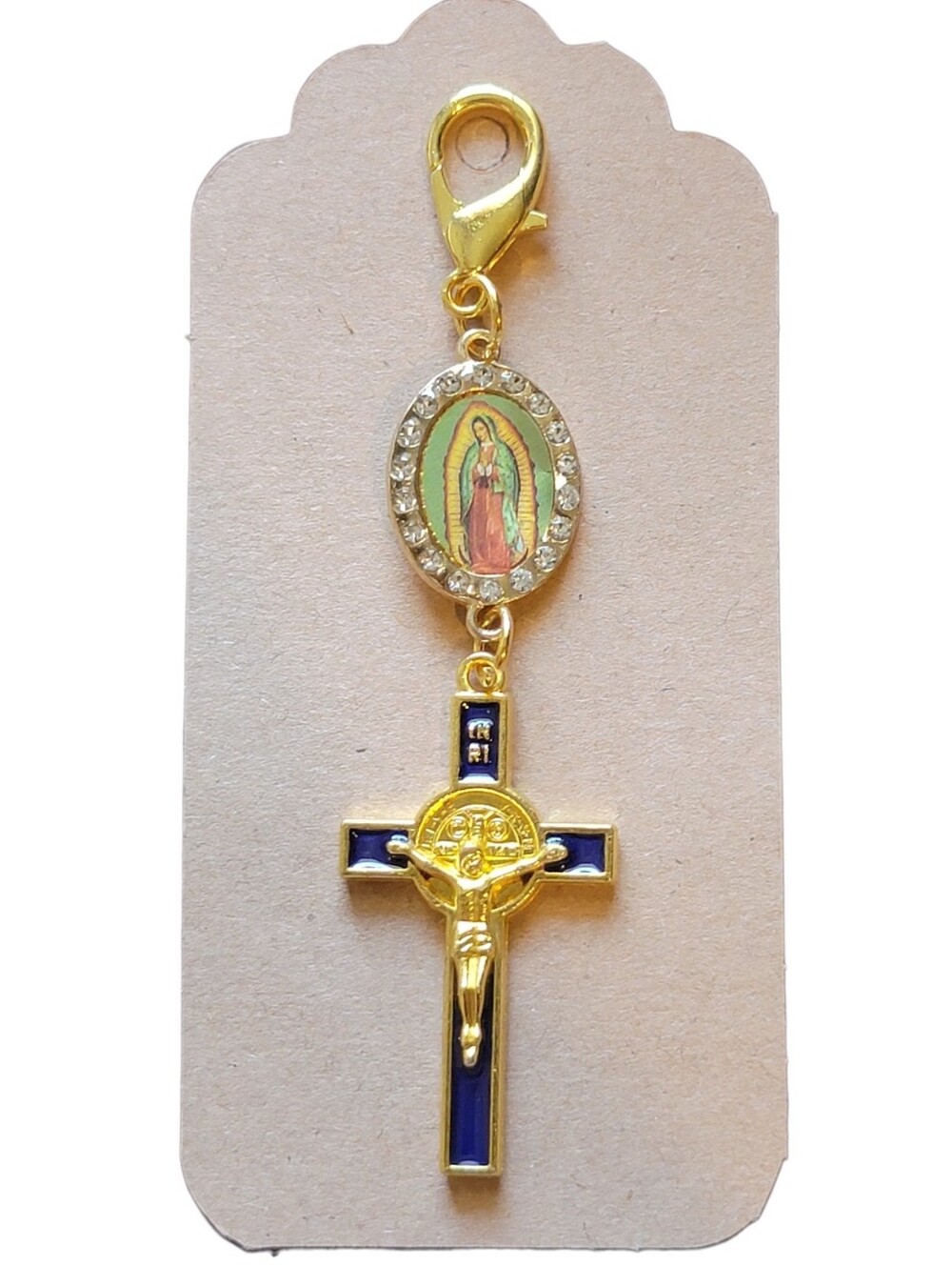 Our Lady of Guadalupe Charm & St Benedict Blue Crucifix Zipper Pull  Keychain